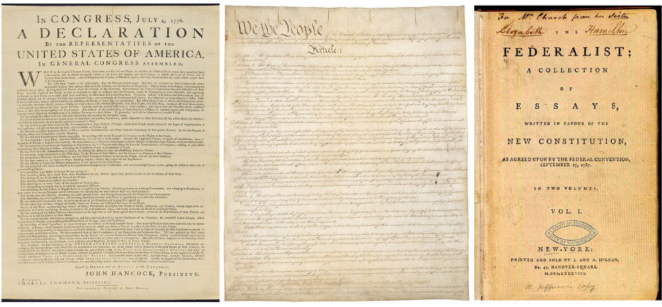 From left, a printed copy of the Declaration of Independence, the first page of the U.S. Constitution and the title page of the first volume of The Federalist (1788). Together, these documents illustrate how paper helped declare independence, establish a new government and foster the debate that shaped the United States. Images courtesy of the Library of Congress and Google Books.